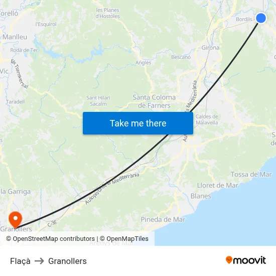 Flaçà to Granollers map