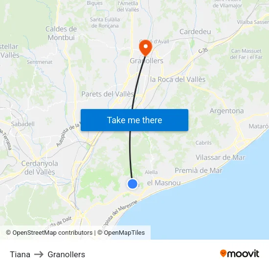 Tiana to Granollers map