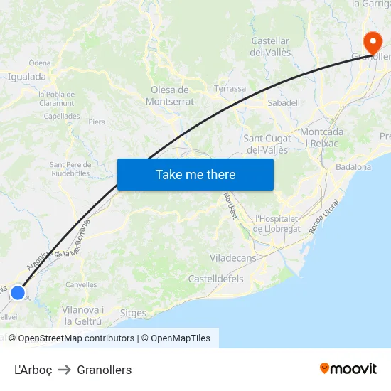 L'Arboç to Granollers map