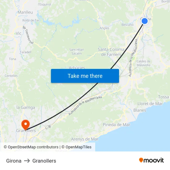 Girona to Granollers map