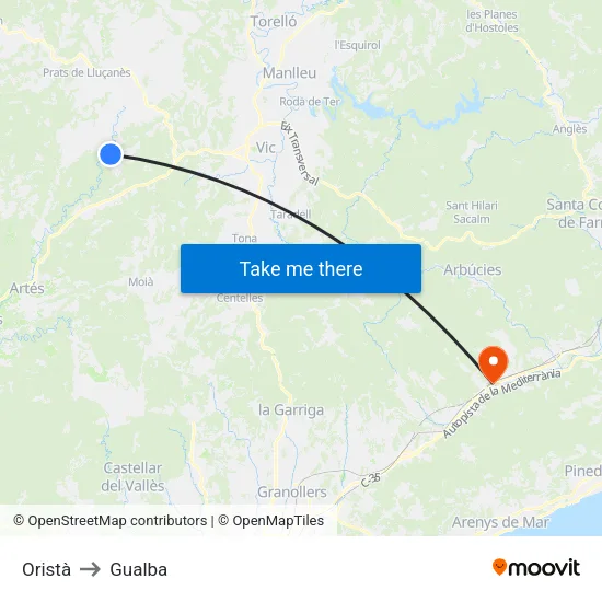 Oristà to Gualba map