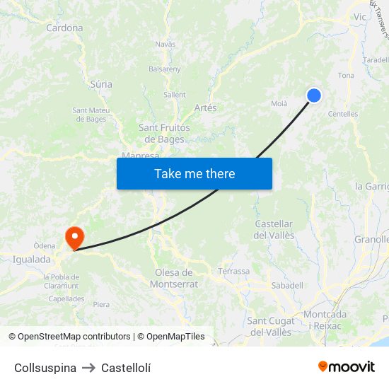 Collsuspina to Castellolí map