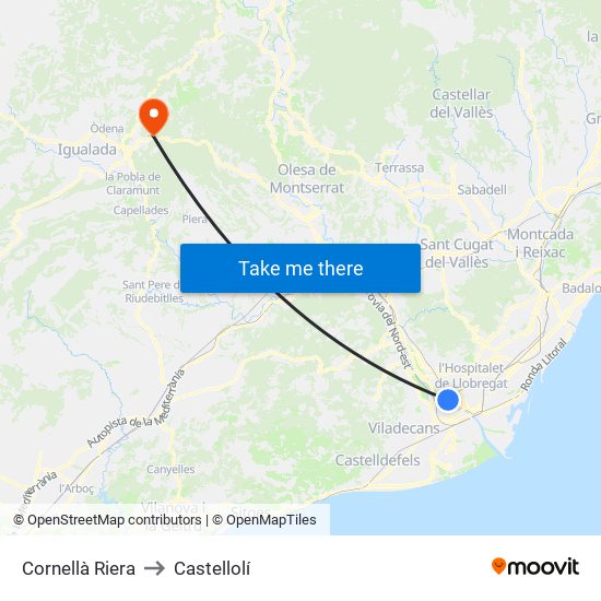 Cornellà Riera to Castellolí map
