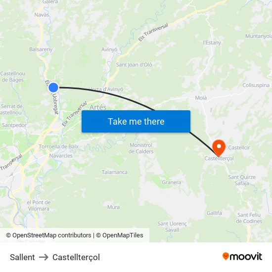 Sallent to Castellterçol map