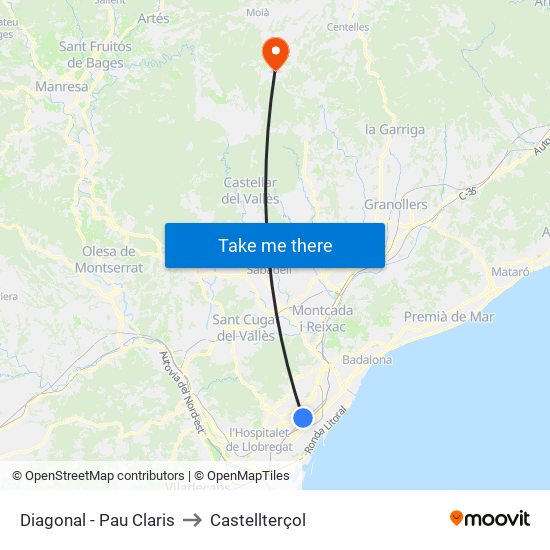 Diagonal - Pau Claris to Castellterçol map
