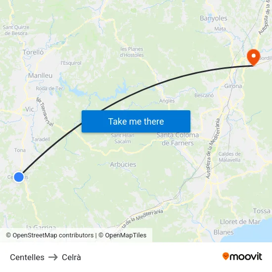 Centelles to Celrà map