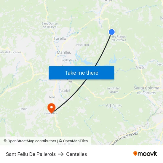 Sant Feliu De Pallerols to Centelles map