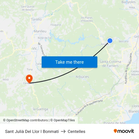 Sant Julià Del Llor I Bonmatí to Centelles map
