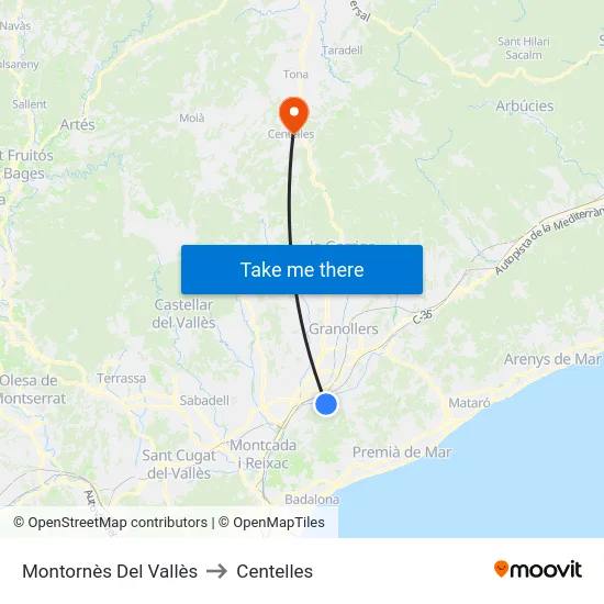 Montornès Del Vallès to Centelles map