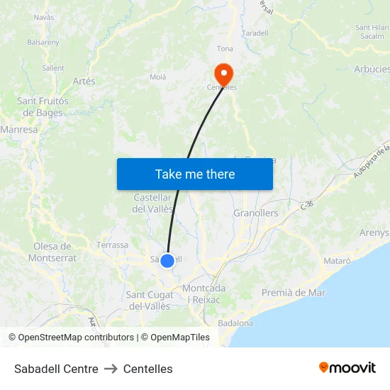 Sabadell Centre to Centelles map