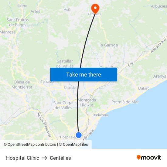 Hospital Clínic to Centelles map