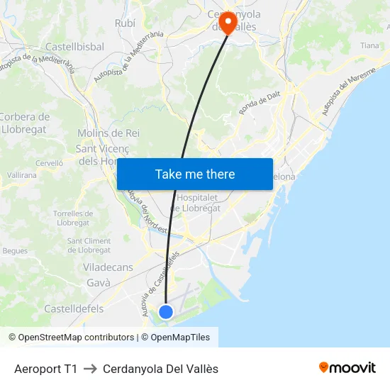 Aeroport T1 to Cerdanyola Del Vallès map