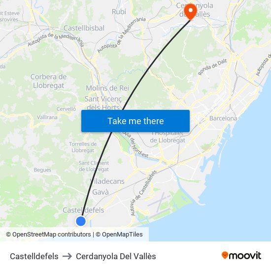Castelldefels to Cerdanyola Del Vallès map