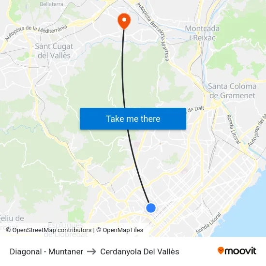 Diagonal - Muntaner to Cerdanyola Del Vallès map