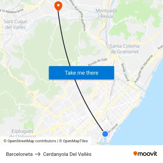 Barceloneta to Cerdanyola Del Vallès map