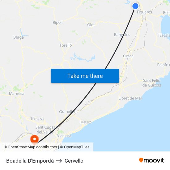 Boadella D'Empordà to Cervelló map