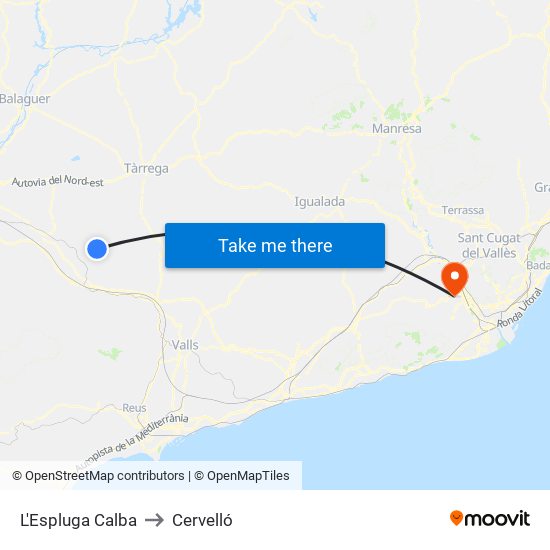 L'Espluga Calba to Cervelló map