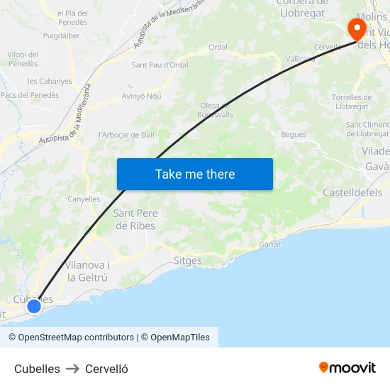 Cubelles to Cervelló map