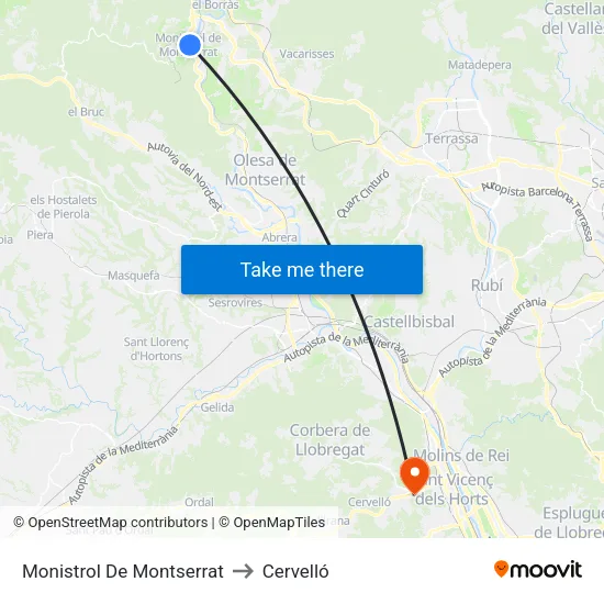 Monistrol De Montserrat to Cervelló map