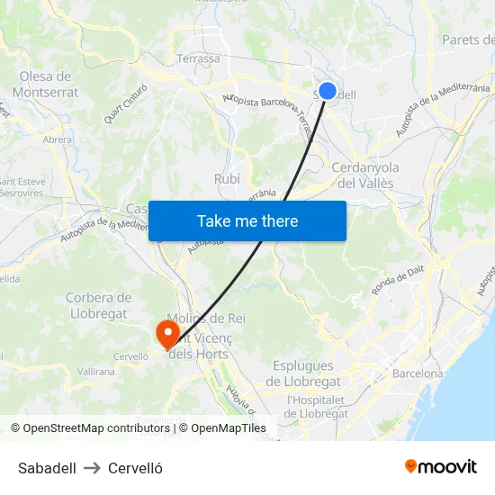 Sabadell to Cervelló map