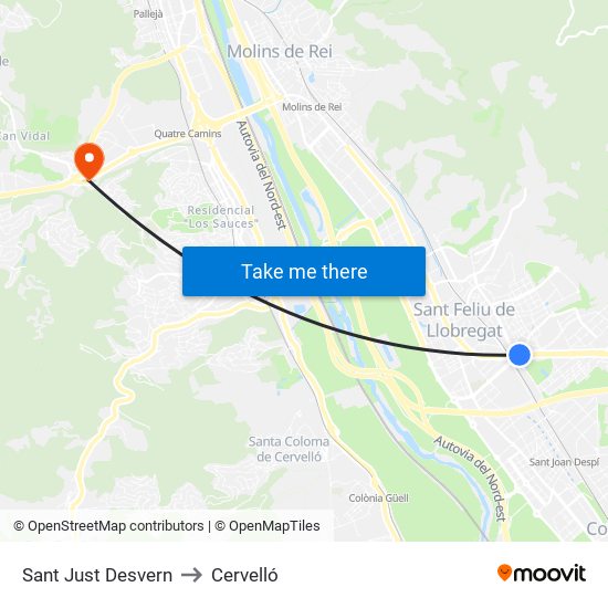 Sant Just Desvern to Cervelló map