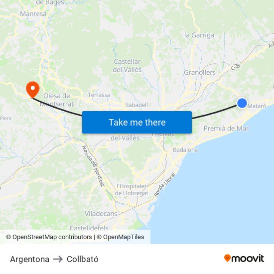 Argentona to Collbató map