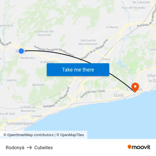 Rodonyà to Cubelles map