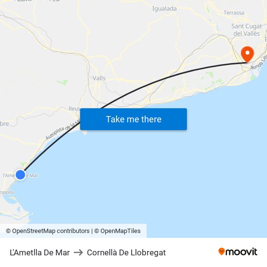 L'Ametlla De Mar to Cornellà De Llobregat map
