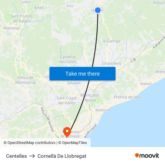 Centelles to Cornellà De Llobregat map