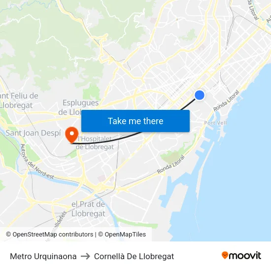 Metro Urquinaona to Cornellà De Llobregat map