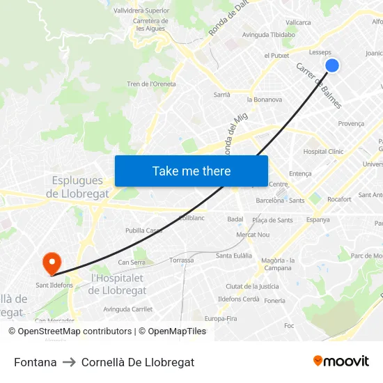 Fontana to Cornellà De Llobregat map