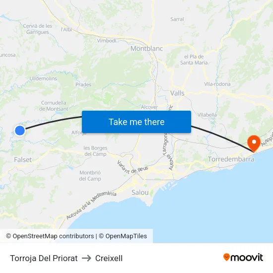 Torroja Del Priorat to Creixell map