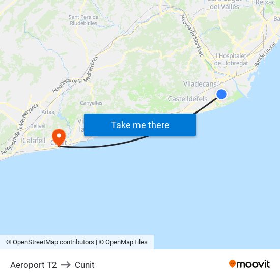 Aeroport T2 to Cunit map