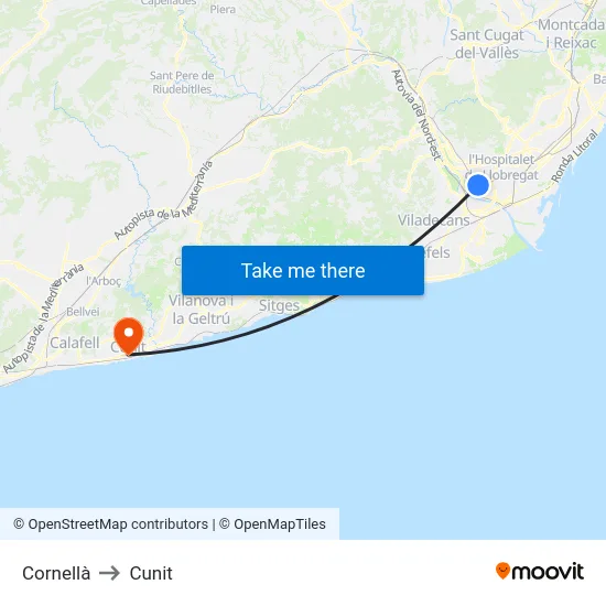 Cornellà to Cunit map