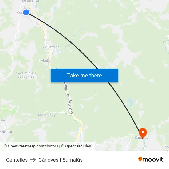 Centelles to Cànoves I Samalús map