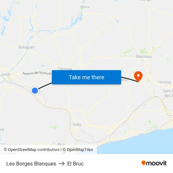 Les Borges Blanques to El Bruc map