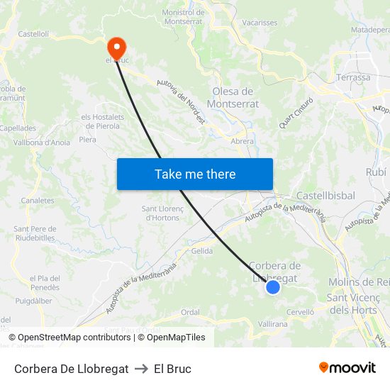 Corbera De Llobregat to El Bruc map