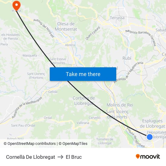 Cornellà De Llobregat to El Bruc map