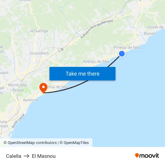 Calella to El Masnou map