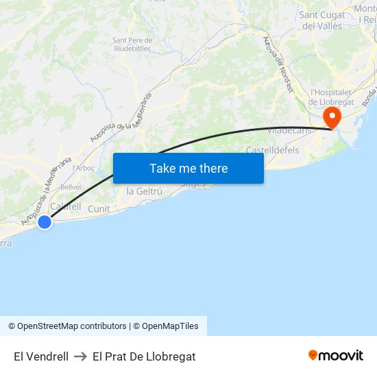 El Vendrell to El Prat De Llobregat map