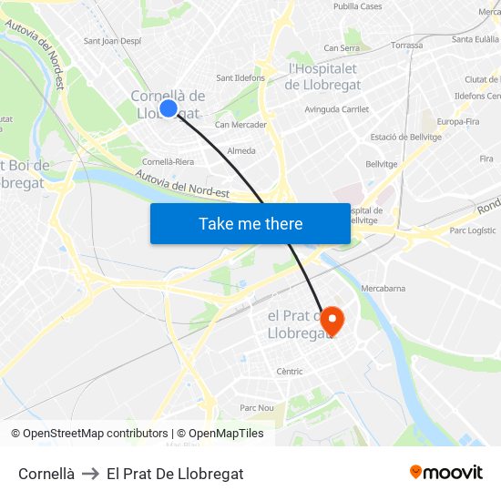 Cornellà to El Prat De Llobregat map