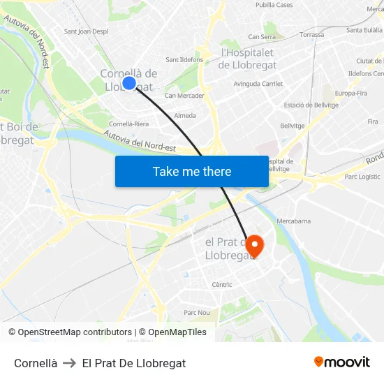 Cornellà to El Prat De Llobregat map