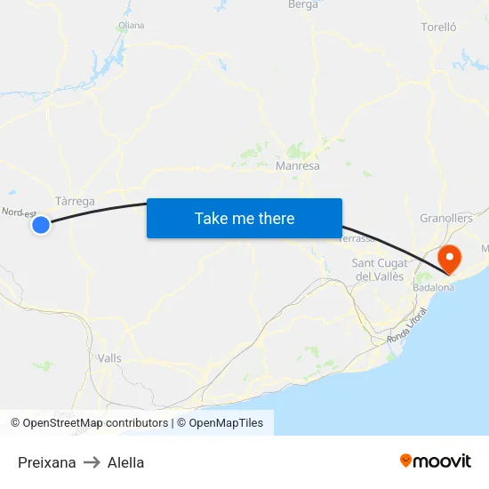 Preixana to Alella map
