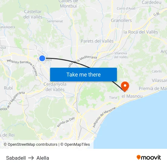 Sabadell to Alella map