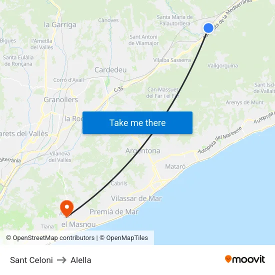 Sant Celoni to Alella map