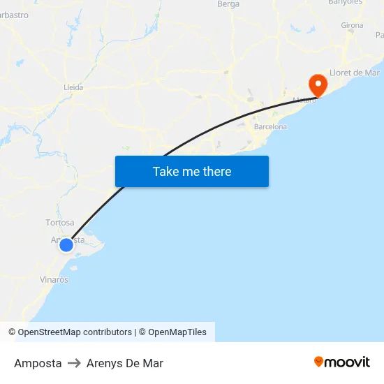 Amposta to Arenys De Mar map
