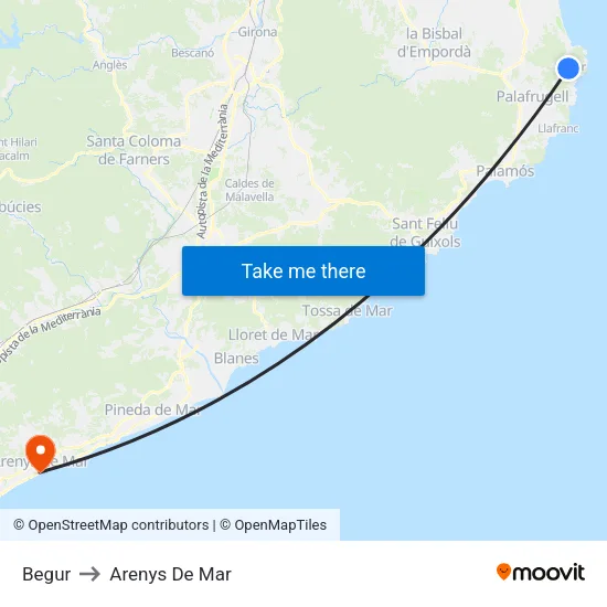 Begur to Arenys De Mar map