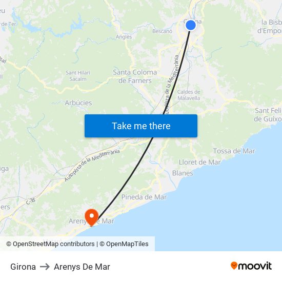 Girona to Arenys De Mar map