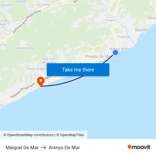 Malgrat De Mar to Arenys De Mar map
