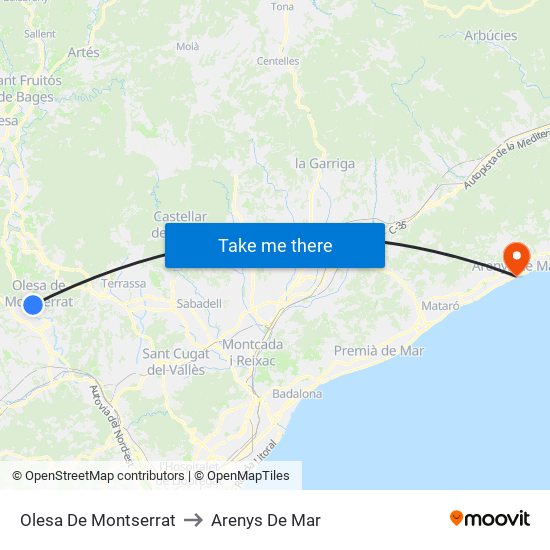 Olesa De Montserrat to Arenys De Mar map